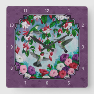 Hummingvögel und Blume Lila Quadratische Wanduhr
