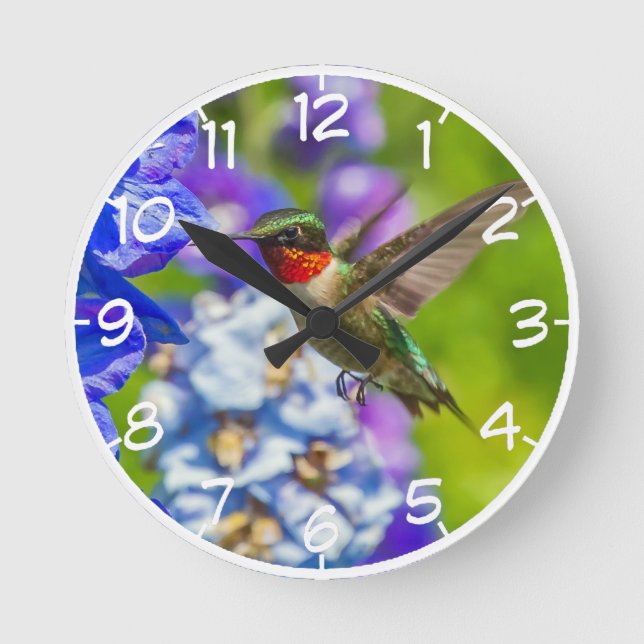 Hummingvogel und Delphinium Runde Wanduhr (Vorderseite)
