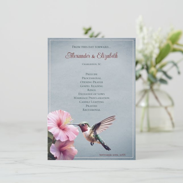 Hummingvogel und Hibiskus | Blue Wedding Program (Stehend Vorderseite)