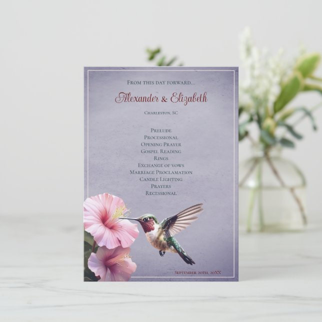 Hummingvogel und Hibiskus | Lila Hochzeitsprogramm (Stehend Vorderseite)