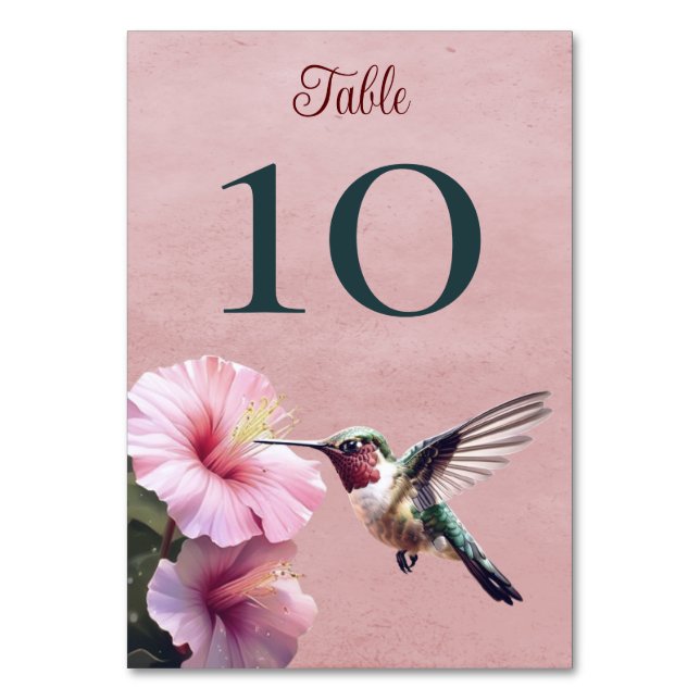 Hummingvogel und Hibiskus | Rosa Hochzeit Tischnummer (Vorderseite)