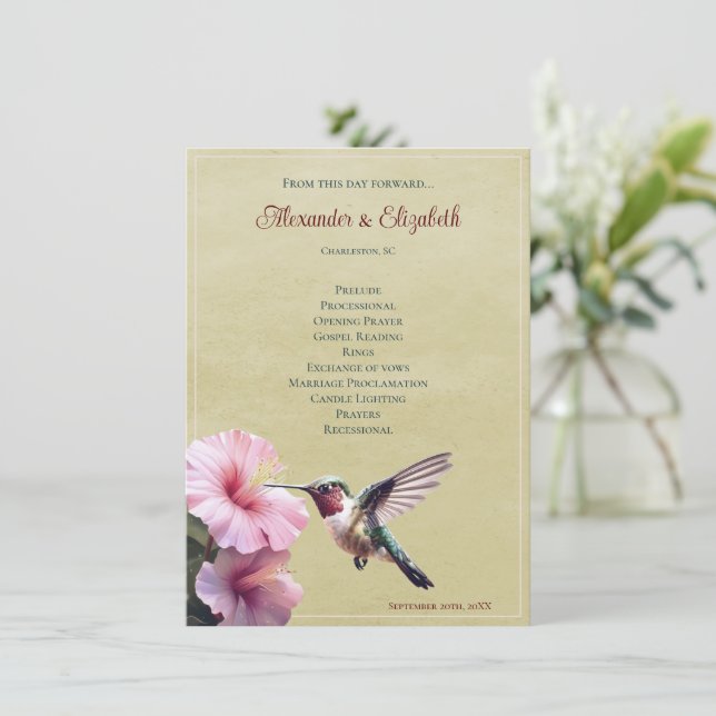 Hummingvogel und Hibiskus | Yellow Wedding Program (Stehend Vorderseite)