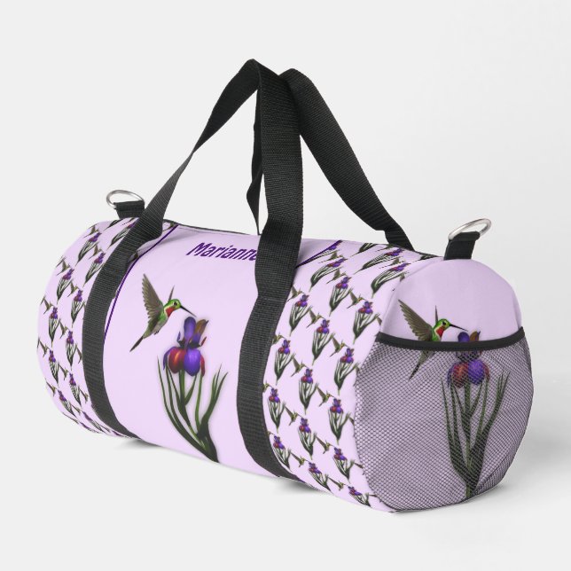 Hummingvogel und Iris-Blume Personalisiert Duffle Bag (Rechte Ecke)
