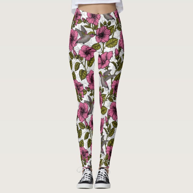 Hummingvögel und rosa Hibiskus Blume Leggings (Vorderseite)