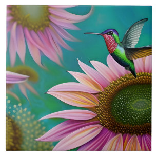 Hummingvogel und rosa Sonnenblumen Fliese