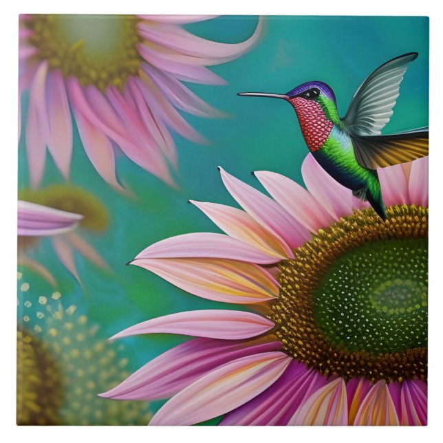 Hummingvogel und rosa Sonnenblumen Fliese (Vorderseite)