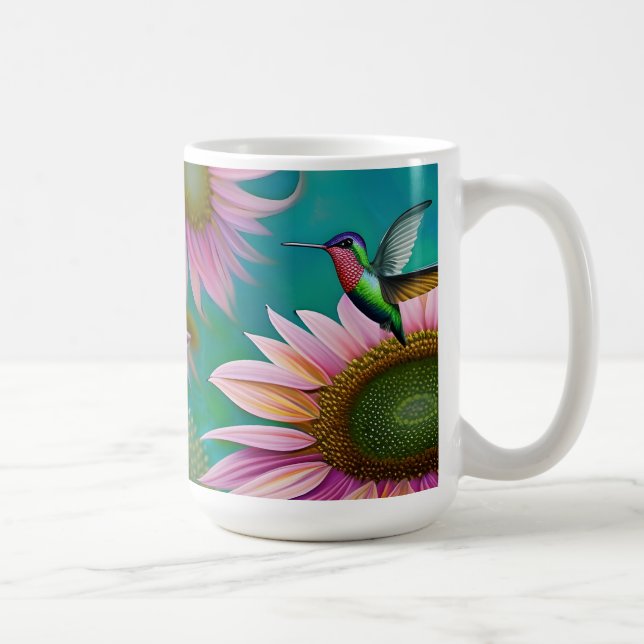 Hummingvogel und rosa Sonnenblumen Kaffeetasse (Rechts)