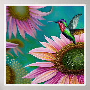 Hummingvogel und rosa Sonnenblumen Poster