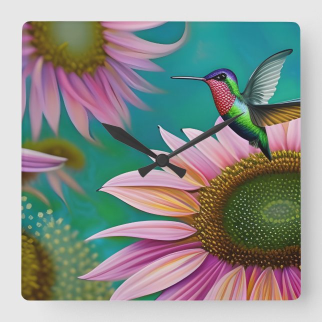 Hummingvogel und rosa Sonnenblumen Quadratische Wanduhr (Vorderseite)