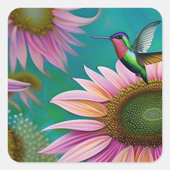 Hummingvogel und rosa Sonnenblumen Quadratischer Aufkleber (Vorderseite)