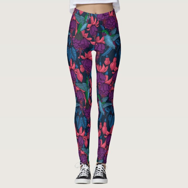 Hummingvogelgarten lila und blau leggings (Vorderseite)