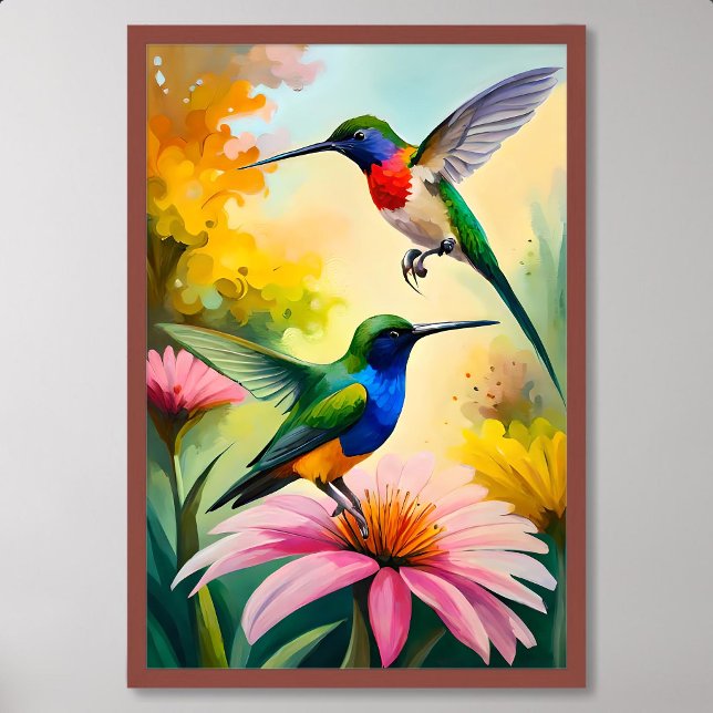 Hummingvogelmalerei: Paare tanzen unter Blume Poster (Hummingbird Painting: Couple Dancing Among Flowers)