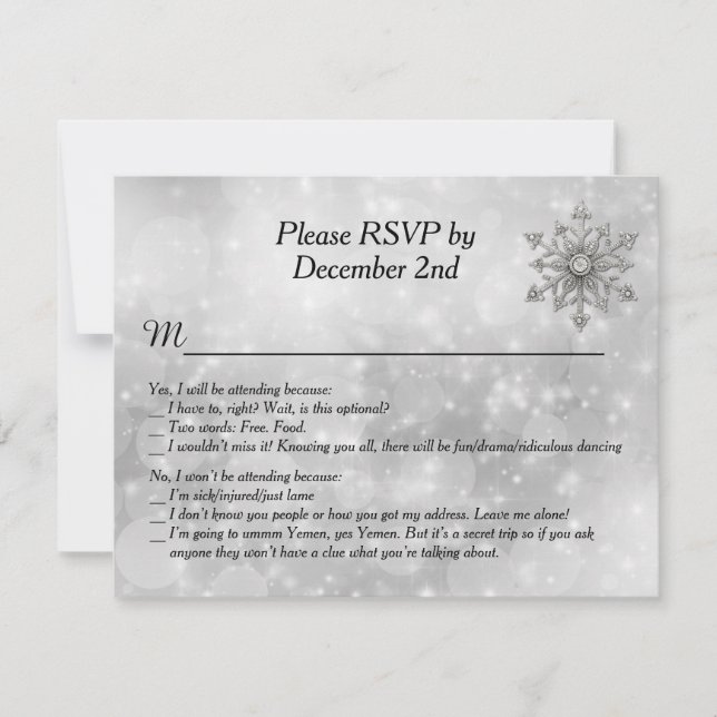 Humorale Winter Snowflake Wedding RSVP Card Einladung (Vorderseite)