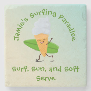Humoraler Eiscreme-Surfer mit Surfboard-Name-Text Steinuntersetzer