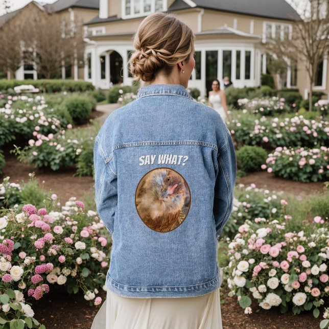 Humorales Hühnerkopfplateholder-Foto Jeansjacke (Hochzeit Rückseite)