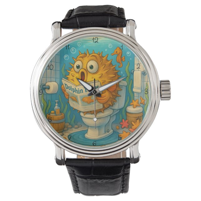 Humorous Pufferfish  Reading in an Aquatic-Themed  Armbanduhr (Vorderseite)