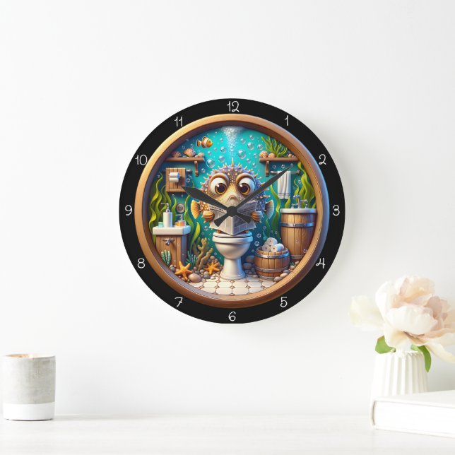 Humorous Whimsical Pufferfish Bathroom Clock Große Wanduhr (Zuhause)