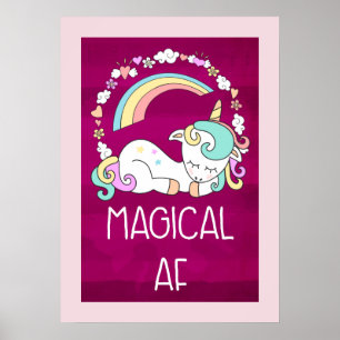 Humorvolle Einhorn Magical AF auf rosa, rotes Patt Poster