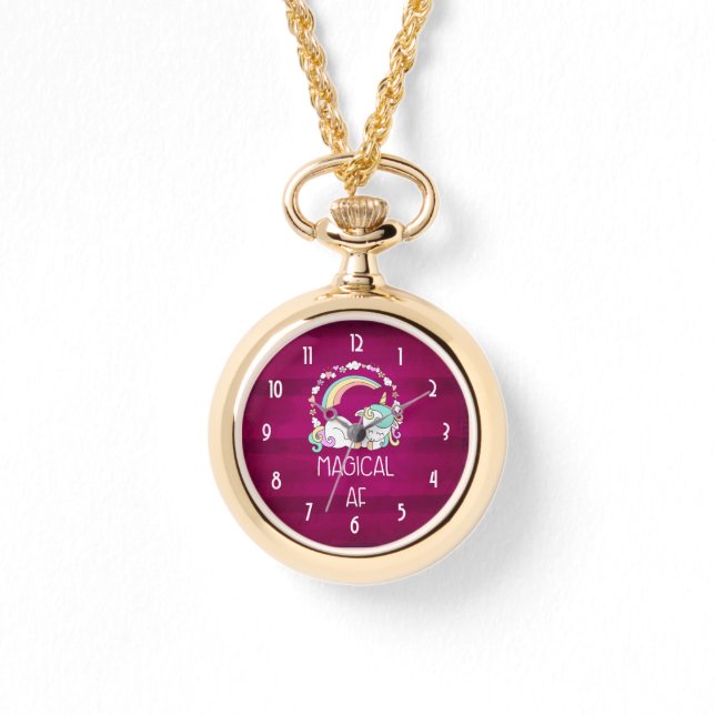 Humorvolle Einhorn-Zauber-AF auf dunkelrotem Muste Armbanduhr (Vorderseite)