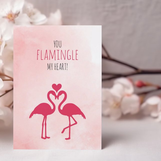 Humorvolle Funny Valentine's Day Card Rosa Flaming Dankeskarte (Humorous funny Happy Valentine's Day folded greeting card with pink loving flamingos and heart.)