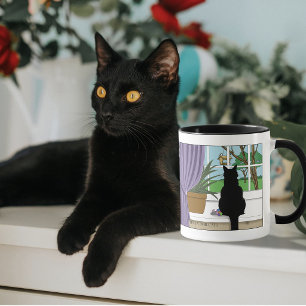 Humorvolle grüne neugierige schwarze Katzenfenster Tasse