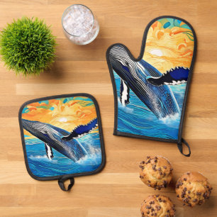 Humpback-Sonnenuntergangs-Sprung-Kunst Ofenhandschuh & Topflappen-Set