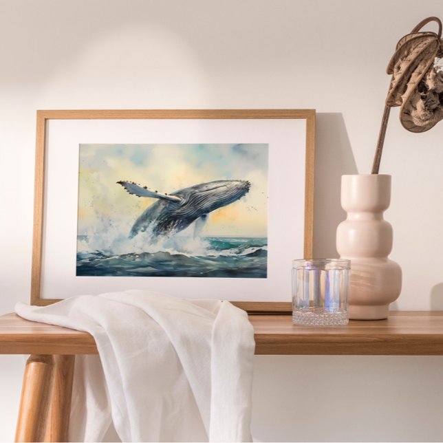 Humpback Whale Aquarellmalerei Poster (Captures the moment when a magnificent humpback whale breaches the ocean's surface.)