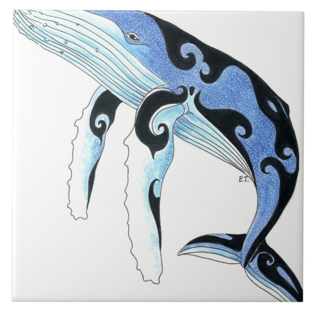 Humpback Whale Tribal Spirit Blue Art Fliese (Vorderseite)
