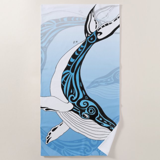 Humpback Whale Tribal Spirit Blue Art Strandtuch (Vorderseite)