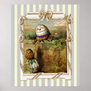 Humpty Dumpty und Alice auf blauen und weißen Stre Poster