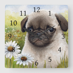 Hund 114 Mops Daisy Blume Quadratische Wanduhr