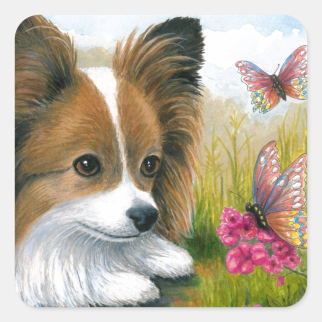 Hund 123 Papillon Hund mit Schmetterlingen Quadratischer Aufkleber (Vorderseite)