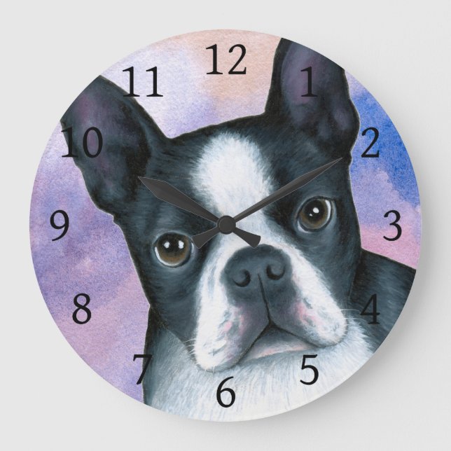 Hund 128 Boston Terrier Pink Blue Hintergrund Große Wanduhr (Vorderseite)