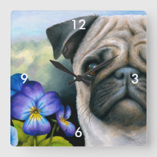 Hund 133 Mops Blaue Lila Blume Quadratische Wanduhr