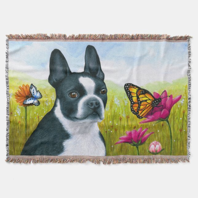 Hund 134 Boston Terrier Butterfly Blume Decke (Vorderseite)
