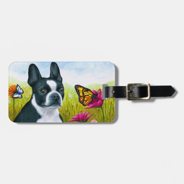 Hund 134 Boston Terrier Butterfly Blume Gepäckanhänger (Vorderseite horizontal)
