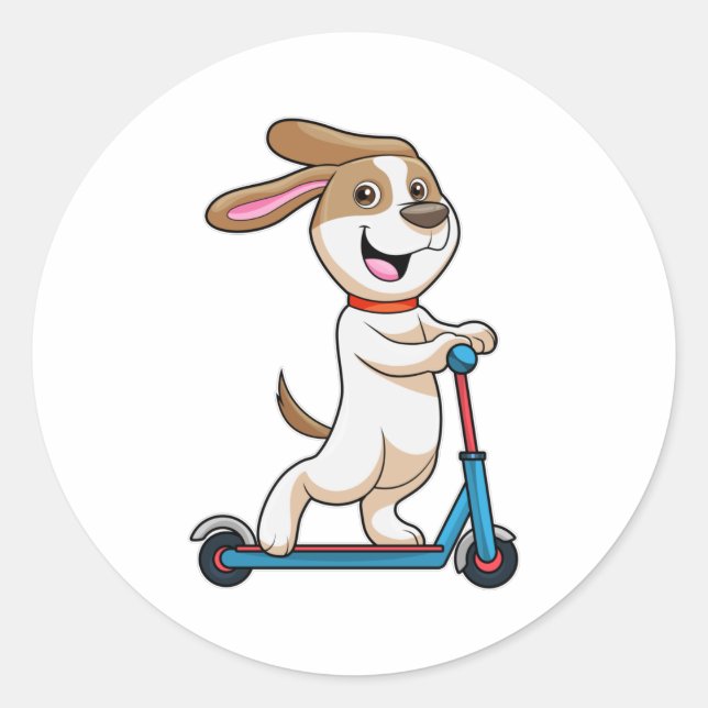 Hund als Biker mit Scooter Runder Aufkleber (Vorderseite)