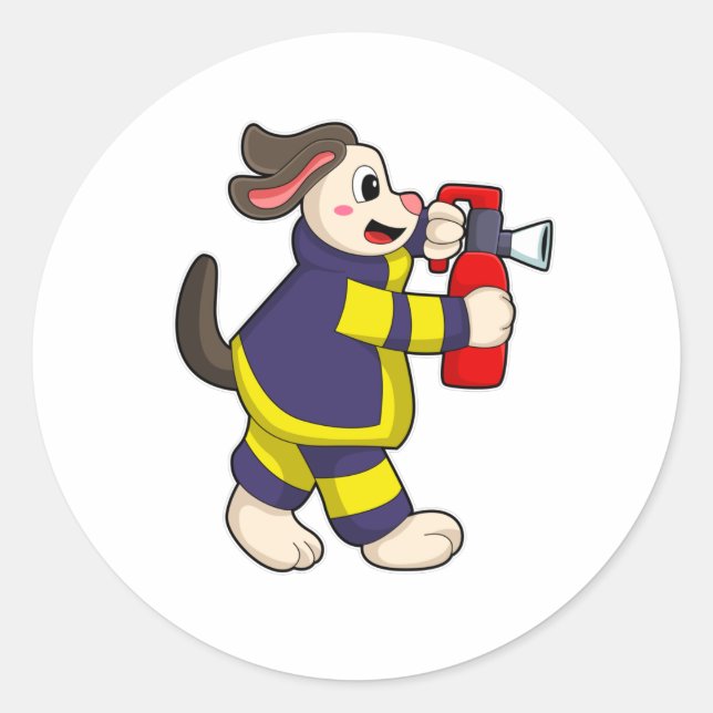 Hund als Feuerwehrmann mit Feuerlöscherin Runder Aufkleber (Vorderseite)