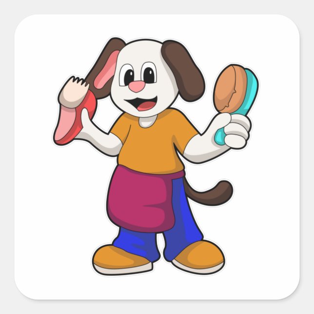 Hund als Friseur mit Razor Quadratischer Aufkleber (Vorderseite)