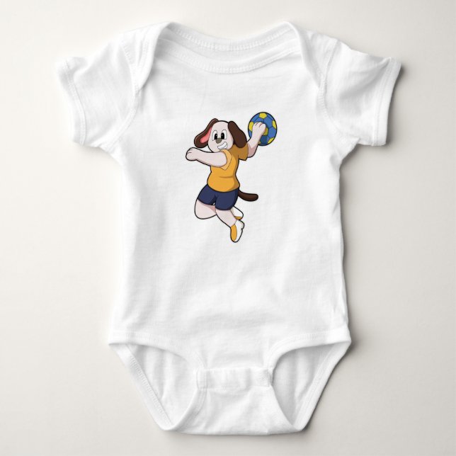 Hund als Handballspieler mit Handball Baby Strampler (Vorderseite)