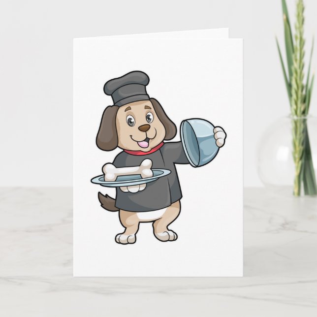 Hund als Koch mit Tablett und Knochen Karte (Vorderseite)