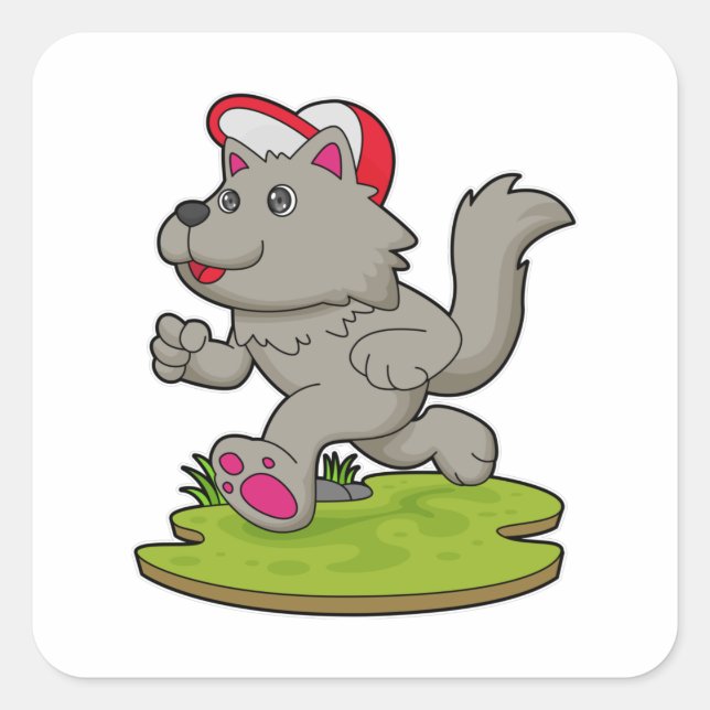 Hund als Runner mit Cap Quadratischer Aufkleber (Vorderseite)