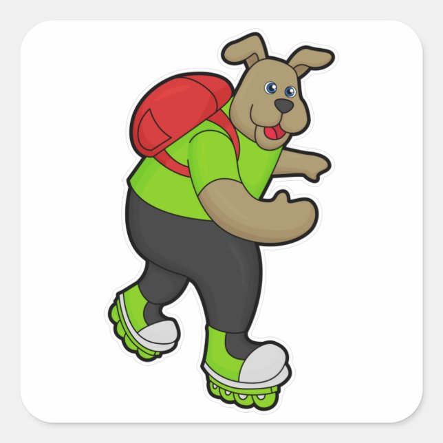 Hund als Skater mit Inline-Skaten und Rucksack Quadratischer Aufkleber (Vorderseite)