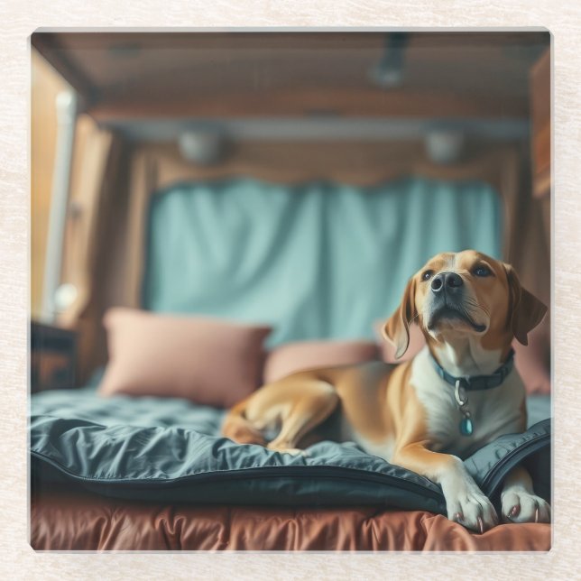 Hund auf Bett Glasuntersetzer (Vorderseite)