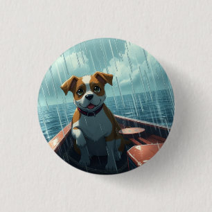 Hund auf Boot im Ozean während Regen Button