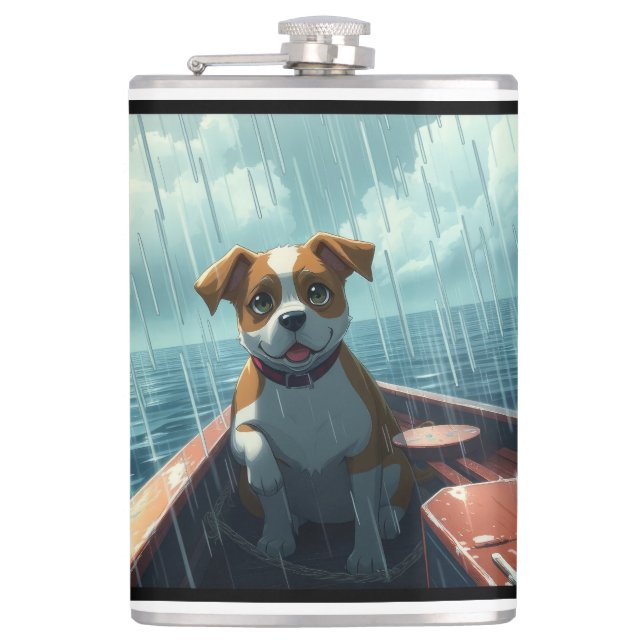 Hund auf Boot im Ozean während Regen Flachmann (Vorderseite)