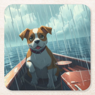 Hund auf Boot im Ozean während Regen Rechteckiger Pappuntersetzer