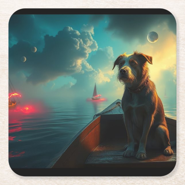 Hund auf Boot Rechteckiger Pappuntersetzer (Vorderseite)