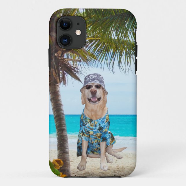Hund auf dem Strand im hawaiischen Shirt Case-Mate iPhone Hülle (Rückseite)