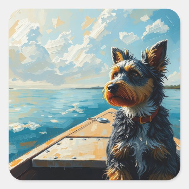 Hund auf einem Boot Quadratischer Aufkleber (Vorderseite)